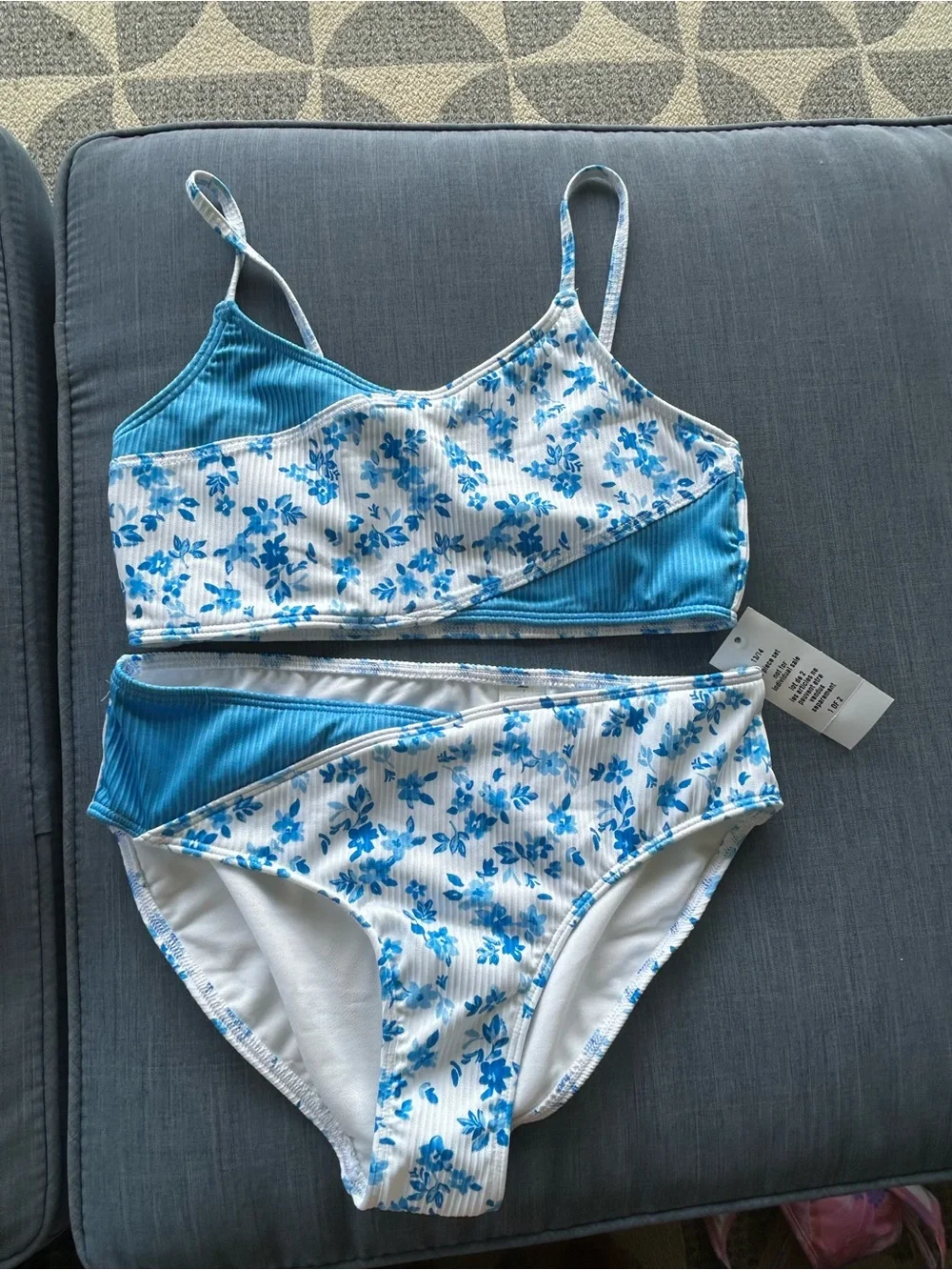abercrombie kids-Blue and White Floral Ribbed Bikini Set